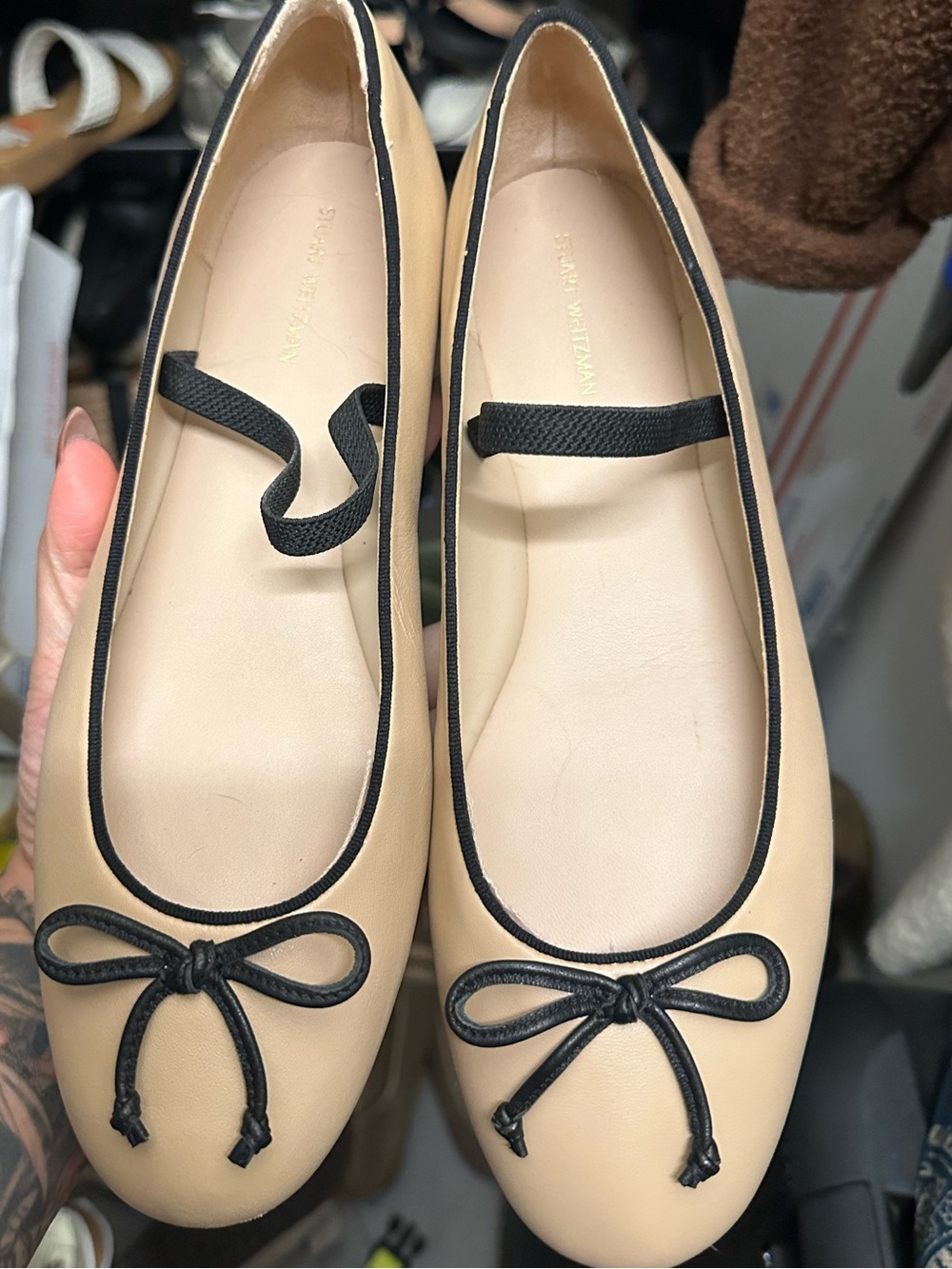 Stuart Weitzman Women's Gabby Beige Ballet Flats with Black Trim